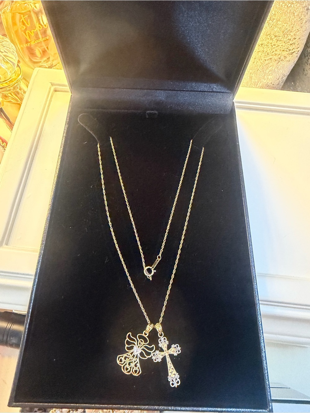 10k Gold Cross and Angel Pendant Necklace - Women Jewelry